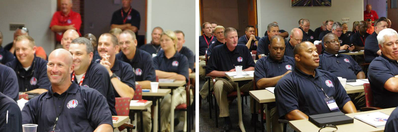Two photos of law enforcement officers seated in a classroom during a Mississippi Association of Chiefs of Police training session